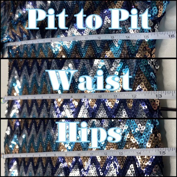 As U Wish Blue Gold Chevron Sequin Bodycon Dress 3/4 Sleeves Scoop Back Size S - Picture 5 of 9